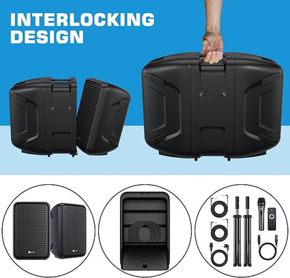Professional Portable All-in-One 2-Way PA System Suitcase-Style Design with 8-Channel Mixer and 2X Speaker Stands,Bluetooth, Microphone, Remote Control for Performances, Presentations