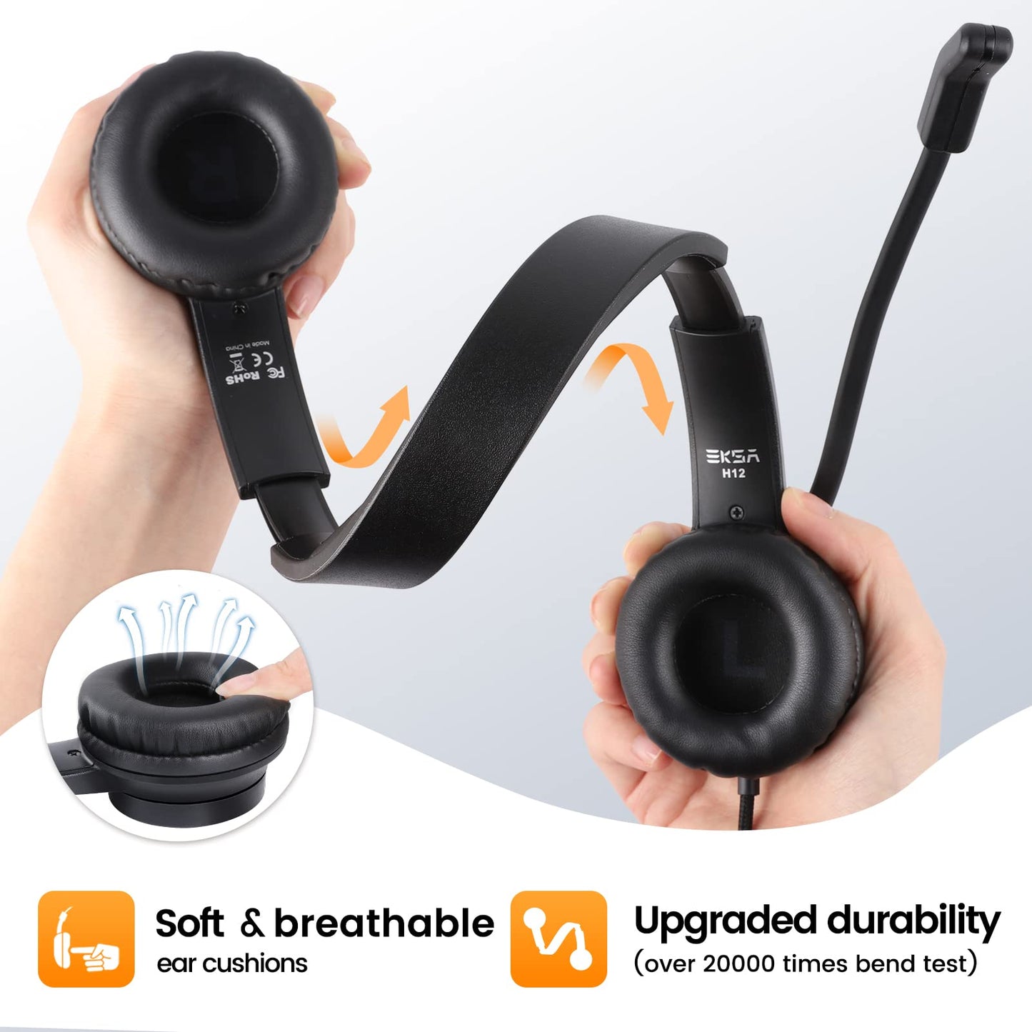 USB Headset with Microphone for PC Laptop, Wired Computer Headset Environmental Noise Canceling Headphones with Mic Mute & Volume Control, On Ear Lightweight Comfort for Work, Office/Call Center/Skype