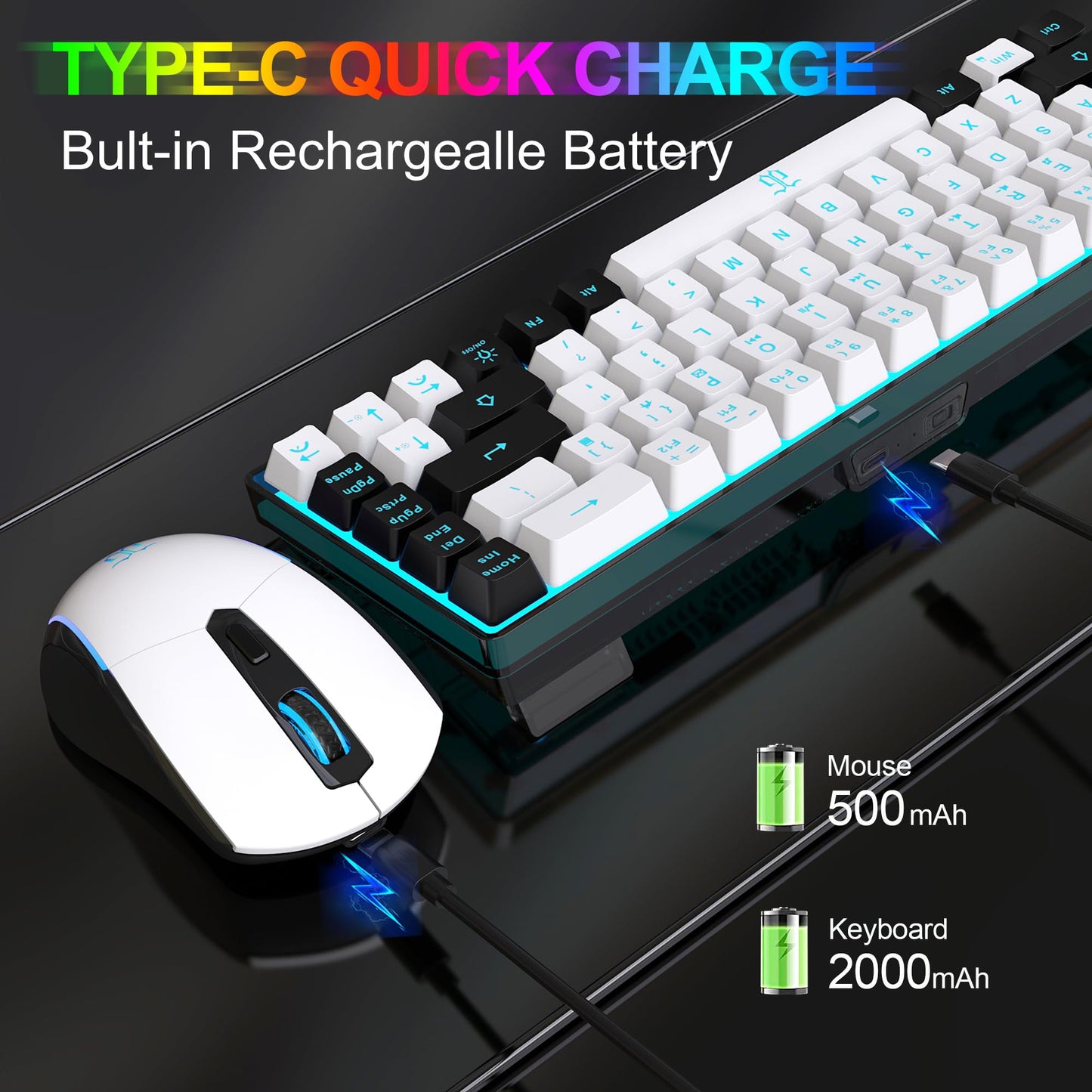 Snpurdiri 60% Wireless Gaming Keyboard and Mouse Combo (White-Black)