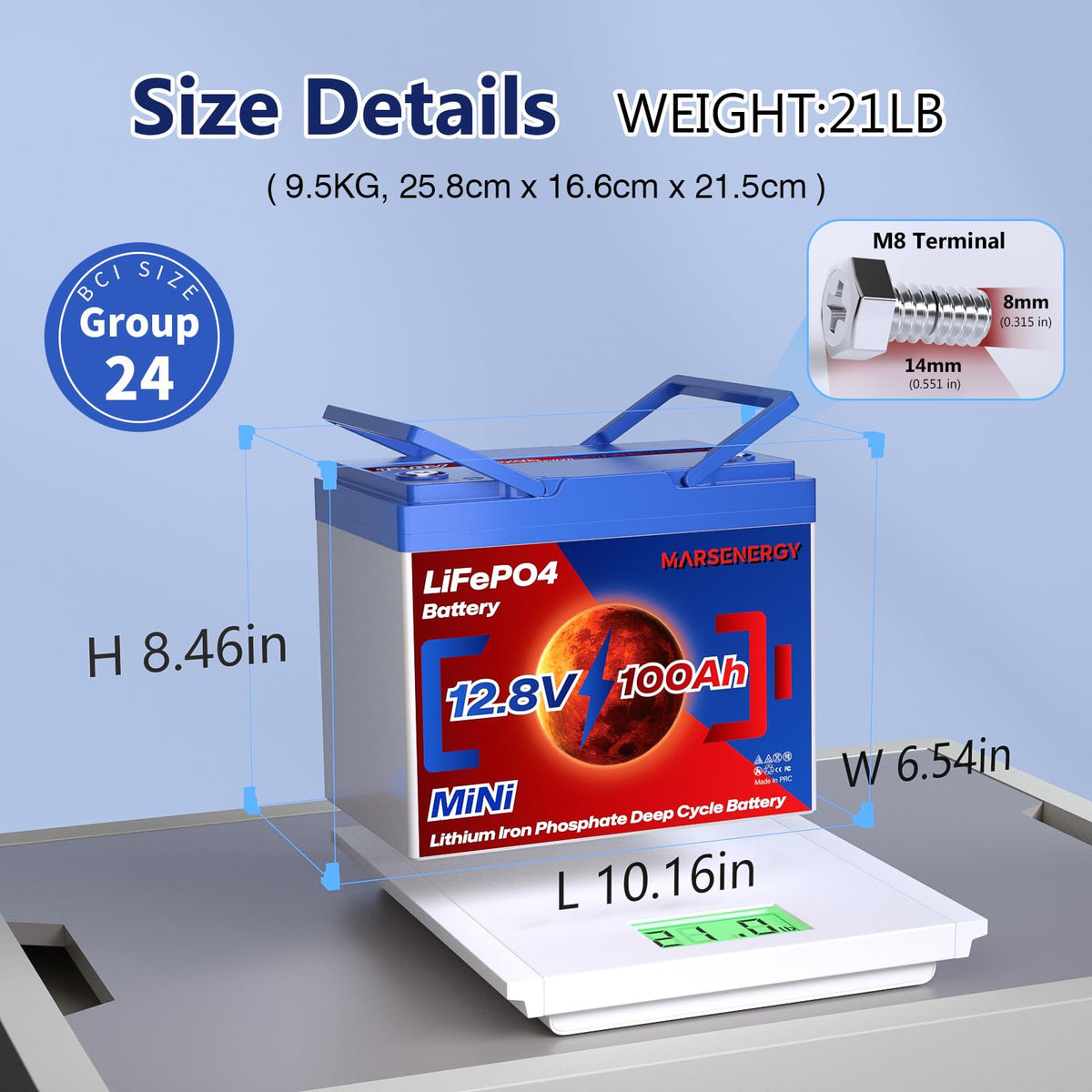 MARSENERGY 12V 100Ah LiFePO4 Lithium Battery, Group 24 Size,100A BMS,2-Pack