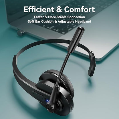 Bluetooth Headset with USB Dongle for Computer, Single-Ear Wireless Headset with Noise Cancelling Microphone for Office & Truckers, Bluetooth V5.2 with Mute Button for Work