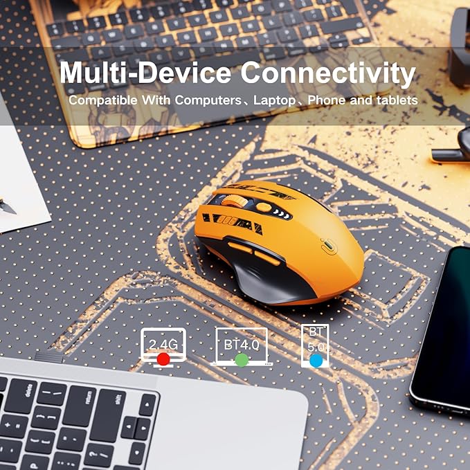 Bluetooth Mouse,Tri-Mode (BT 5.0/4.0+2.4G Hz),Visible Battery Level,Rechargeable Ergonomic Wireless Mouse with 4 Adjustable DPI Levels for Laptop and PC