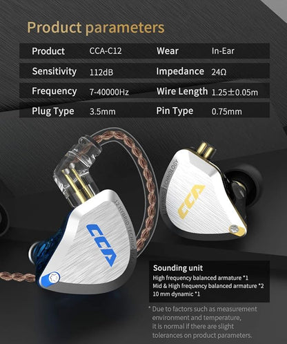 CCA C12 in Ear Monitor Headphones 5BA 1DD Hybrid HiFi IEM Earphones Noise Isolating Stereo Wired Earbuds for Musicians Audiophile Singers DJ（with mic）