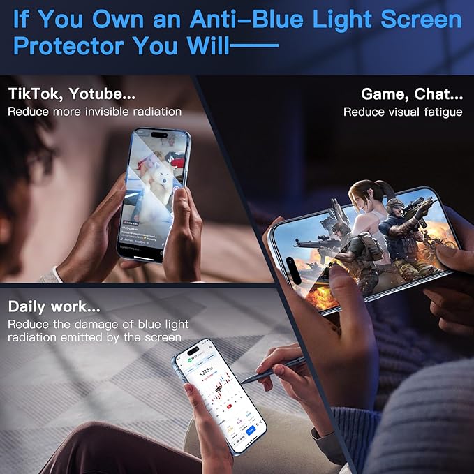 Uyiton Anti-Blue Light for iPhone 15 Screen Protector - Unbreak-Glass Full Coverage Case Friendly Scratch Resistance 9H Tempered Glass Screen Protector for iPhone 15, 2 Pack