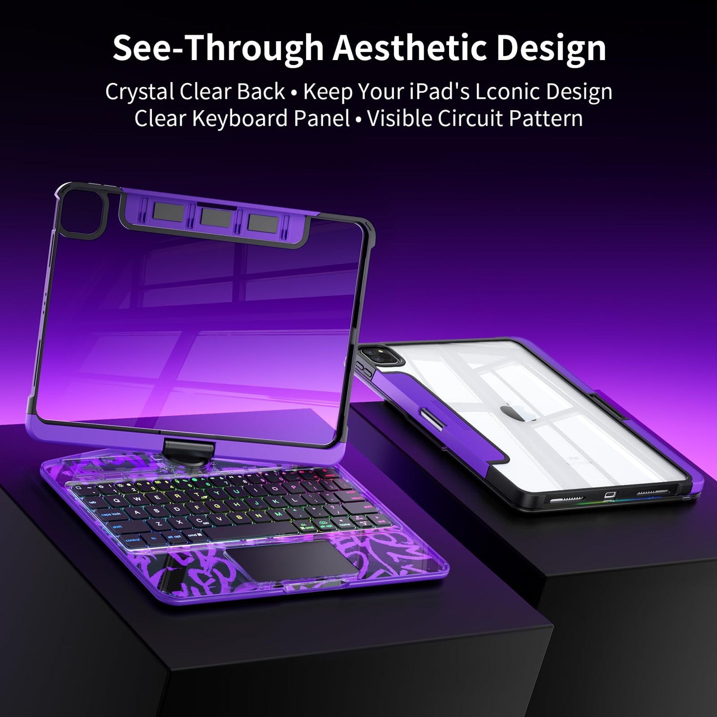 Uminy Clear Keyboard Case for iPad Pro 11 Inch with 360° Rotation, Purple