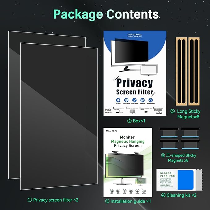 [2 Pack] Magnetic 24 Inch Computer Privacy Screen for 16:9 Aspect Ratio Widescreen Monitor, Hanging Eye Protection Anti Glare Blue Light Computer Monitor Privacy Filter, Removable 24 in Protector Film