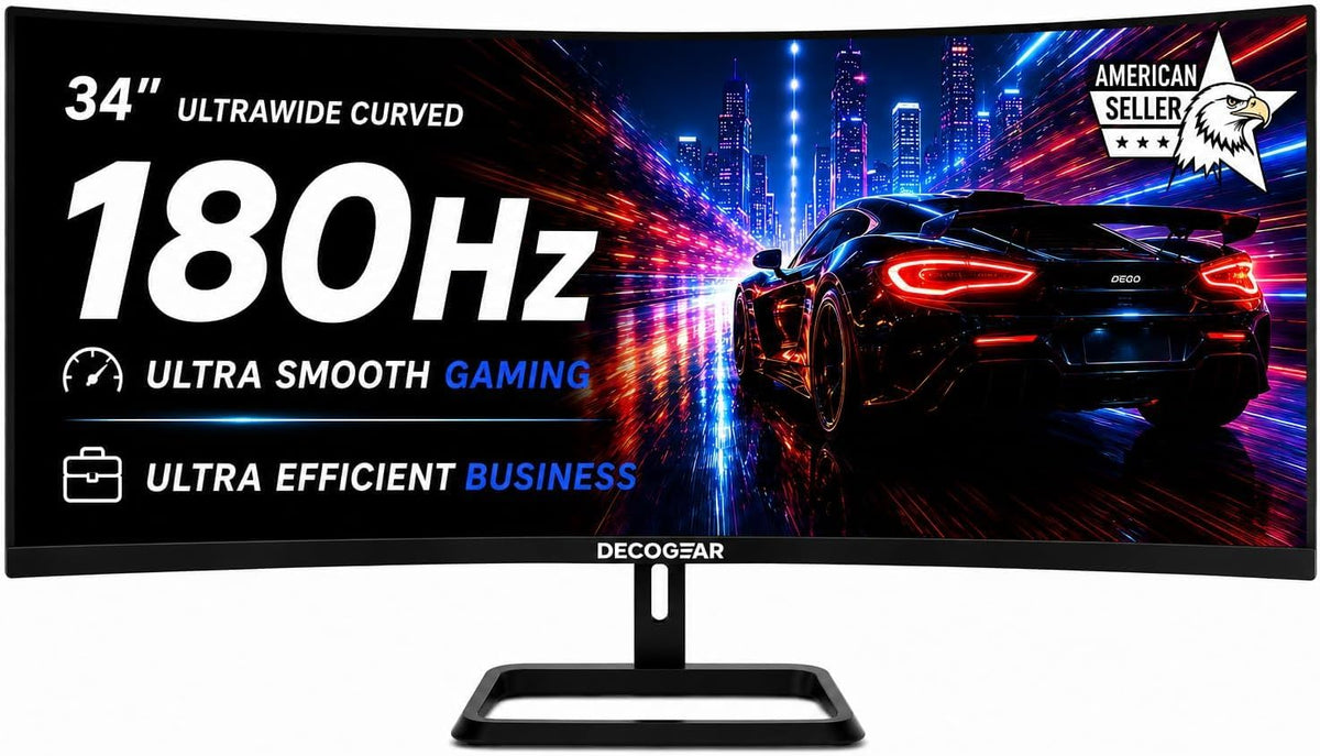 Deco Gear 34” Curved Gaming Monitor, 180Hz 3440×1440 Ultrawide UWQHD Screen for Laptop & PC, Adaptive Sync, R1500 VA Panel, HDR, 100% sRGB, Dual HDMI/DP, 21:9, VESA Mount, American Seller