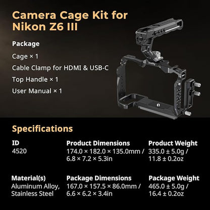 SmallRig Z6 III Camera Cage Kit for Nikon Z6 III, with Top Handle and Cable Clamp, Aluminum Alloy Camera Full Cage Kit with Anti-Twist Design, Built-in Quick Release Plate for Arca-Swiss - 4520