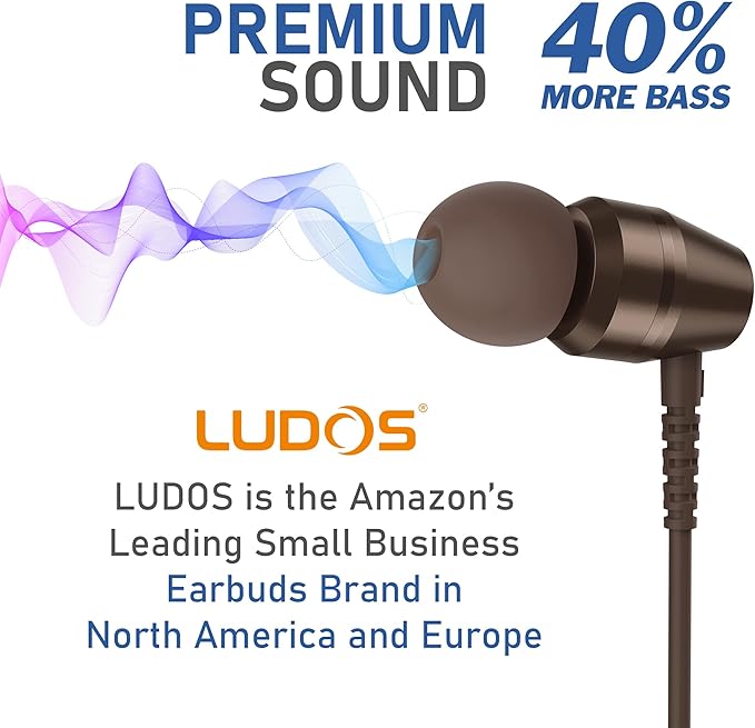 LUDOS OMNITONE Wired Earbuds in-Ear Headphones, 5 Year Warranty, Earphones with Microphone, 3.5 mm Jack Corded Ear Buds, Videoconference for iPhone, Samsung, Laptop, Kids, School Students - Brown
