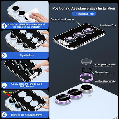 for Samsung Galaxy S24 FE Camera Lens Protector, Individual Metal Ring Tempered Glass Lens Cover, [Strong Adsorption] Scratch Resistant Ultra-Thin HD Clear Lens Cover, 1 Set-Purple Ring