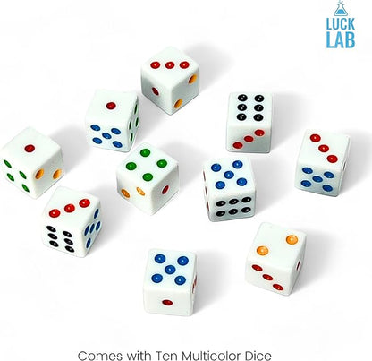 Luck Lab 10 Piece D6 Multicolor Pip Dice Pack - Acrylic 16mm Square Edge Standard Dice for RPG MTG DND Table Games and Board Games, Storage Bag Included (White Multicolor)