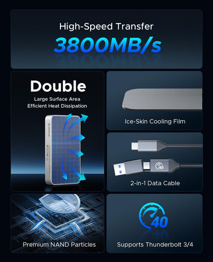 ORICO 2TB USB4.0 Portable SSD 3800MB/s(40Gbps), Ultra-Fast External Solid State Drive, Compatible with Thunderbolt 3/4, USB4, Fanless Aluminum Design, Works with Mac and PC-X40