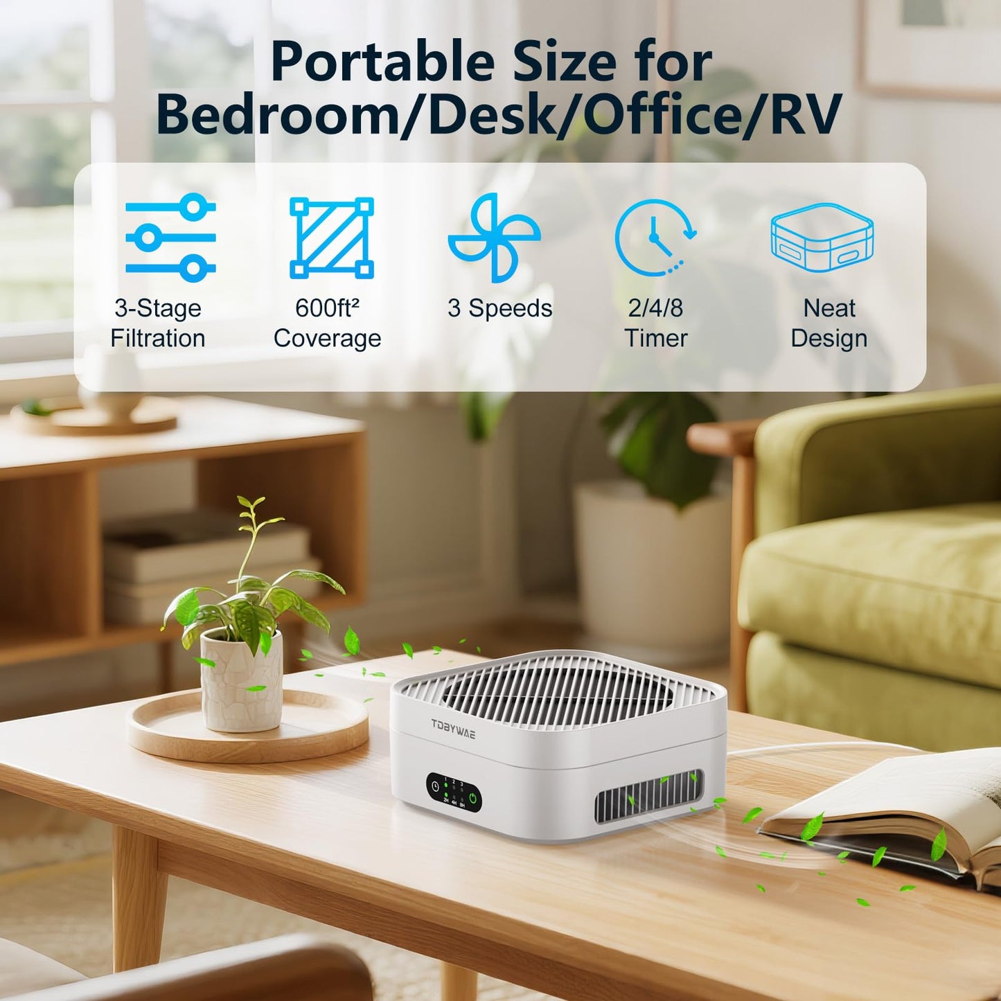 TDBYWAE Air Purifiers for Home Bedroom Up to 600 ft², True HEPA Air Purifier for Pets Dust Dander Pollen Odor Smoke, Portable Car Air Purifier for Travel