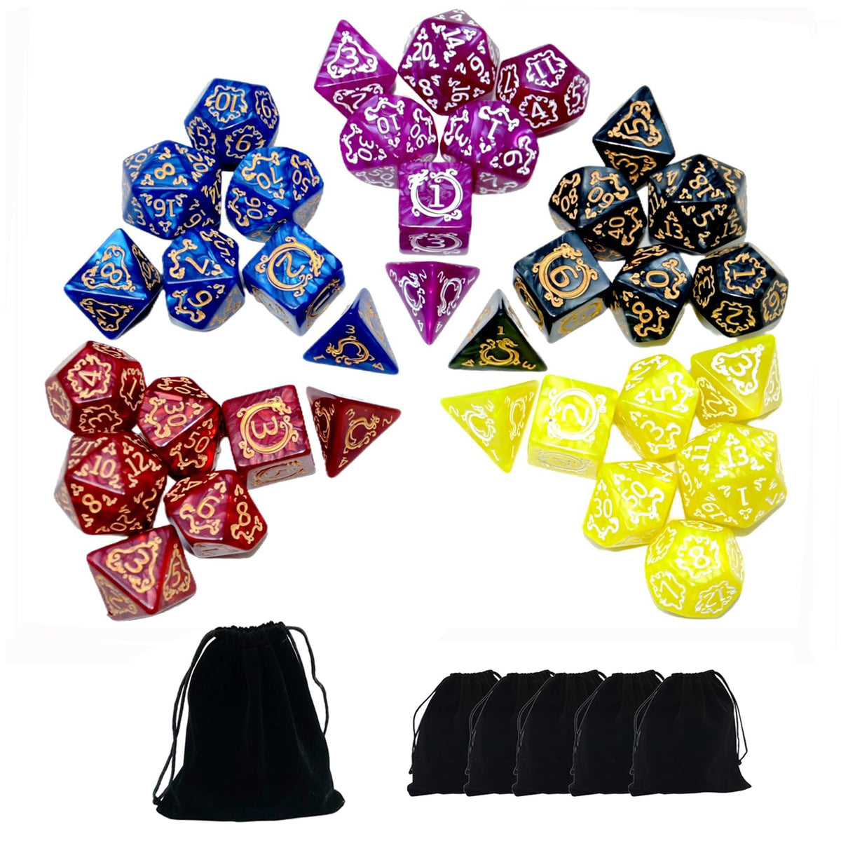 SmartDealsPro 5 x 7-Die Double-Colors Polyhedral Dice Sets with Pouches for D&D DND RPG MTG Dungeon and Dragons Table Board Roll Playing Games D4 D6 D8 D10 D% D12 D20