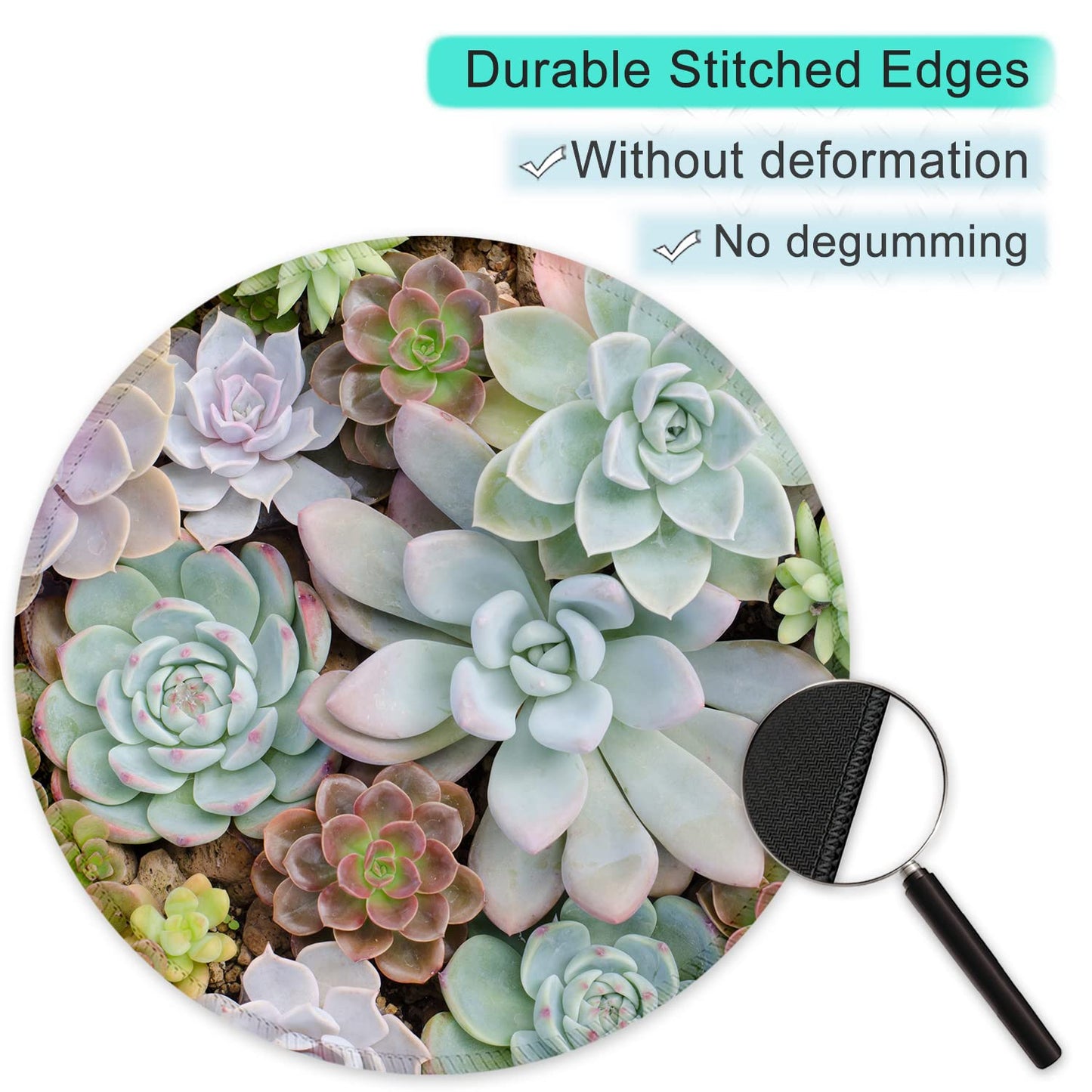 ITNRSIIET Round Mouse Pad with Stitched Edge Premium-Textured Waterproof Non-Slip Rubber Base Desktop Protection Mat Diameter 8.7 inches, Succulents