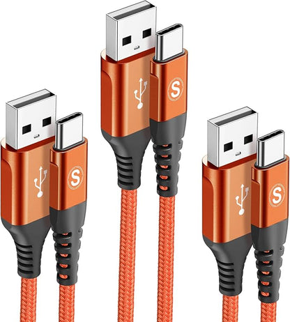 sweguard USB Type C Charger Cable 3.1A Fast Charging [3-Pack,10ft+6.6ft+3.3ft] Braided USB C Cord for iPhone 16 15 pro max Plus,Samsung Galaxy S24 S23 S22 S21 S20 S10 A53 Note Flip LG Moto PS5-Orange