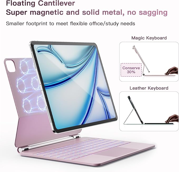 for iPad Air 13 inch Case with Keyboard (M3,2025 / M2,2024), iPad Pro 12.9 (6th/5th/4th/3rd Gen) Magic Keyboard, Springy Backlit Keys, Stain-Resistant Surface, Multi-Touch Trackpad, Pink