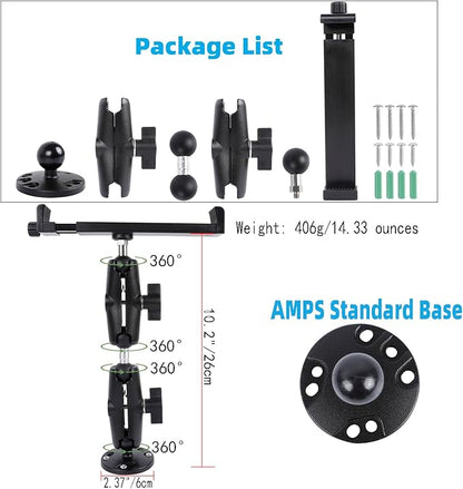 Aluminum Heavy Duty Drill Base Car Tablet Mount for 6.5"-12.9" Tablets/iPad Pro/Mini/Samsung Tab/Surface, 360° Adjustable 2-Stage Tablet Holder for Truck, Business Vehicle, Desktop, Wall, etc.