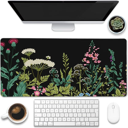 Large Gaming Mouse Pad for Desk,Wildflowers Night Desk Mat,Wild Floral Flower Desk Pad,Extended Big Computer Keyboard Mouse Pad with Non-Slip Base and Stitched Edge,35.4"x15.7"