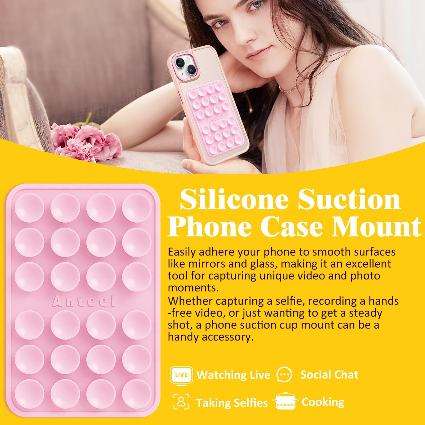 JingJinYY Medium-Sized Silicone Suction Phone Case Adhesive Mount, Enhanced Suction Power and Upgraded Thickened Sticky Phone Grip, Durable, Hands-Free Sticky Phone Holder, 2.28"x3.46" (White)