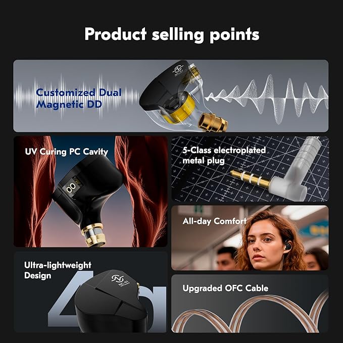 CCZ NC01 Gospel Gaming Earbuds, Stereo Sound in Ear Monitor Headphone Wired, Customized Dual Magnetic DD IEMS Earphone with Detachable Tangle-Free Cable PC Cavity for Computer(without mic,Clear Black)