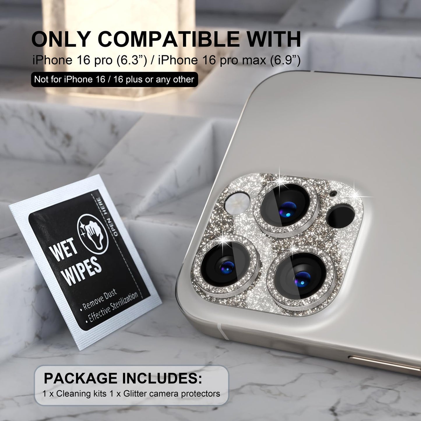 Choiche Compatible for iPhone 16 Pro/iPhone 16 Pro Max Camera Lens Protector, Bling Camera Cover with 9H Tempered Glass Lens Screen Protector Metal Ring Accessories (Glitter-Titanium Natural)