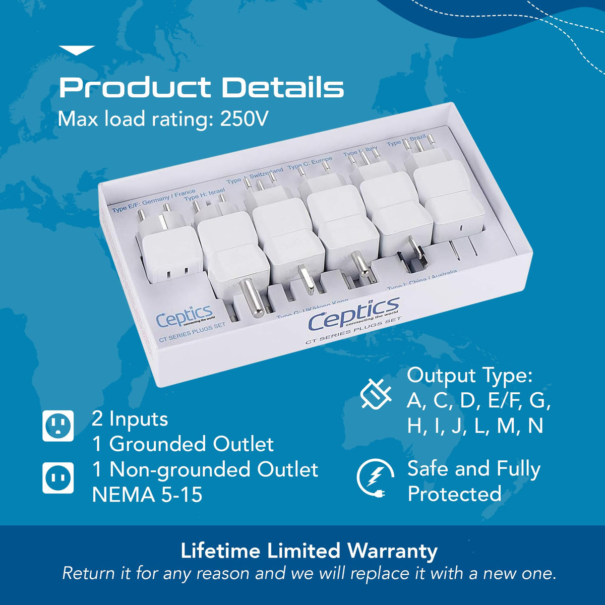 Ceptics World Travel Adapter Set - 2 in 1 USA to Europe, Asia, Africa, India, Japan, Australia, Brazil, China, Israel and more - 11 Pack - Safe Grounded - Works with Cell phones, Laptops, Chargers
