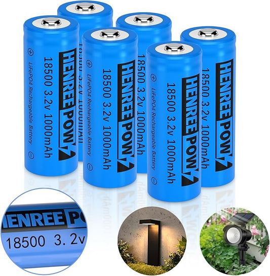 Henreepow 18500 3.2v LiFePo4 Rechargeable Battery, 3.2v LiFePo4 Rechargeable Battery 1000mAh for Outdoor Garden Solar Lights, Flashlight (18500-3.2v-6Pack)