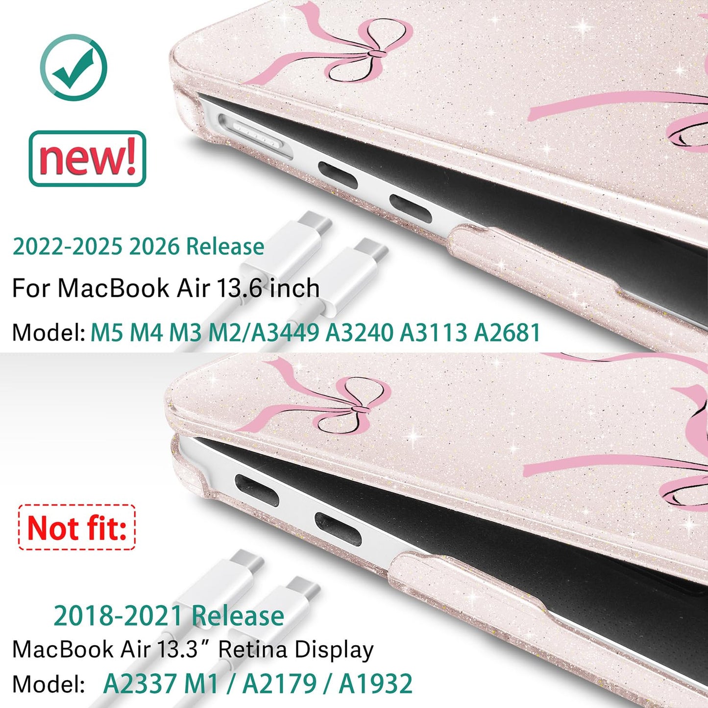 May Chen Case for MacBook Air 13/13.6 inch M5 A3449 M4 A3240 M3 A3113 M2 A2681, 2026 2025 2024-2022, Plastic Hard Shell with Keyboard Cover & Screec Protector, Sakura Pink Glitter Bow