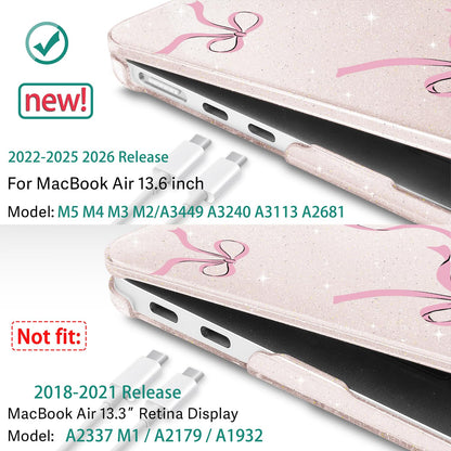 May Chen Case for MacBook Air 13/13.6 inch M5 A3449 M4 A3240 M3 A3113 M2 A2681, 2026 2025 2024-2022, Plastic Hard Shell with Keyboard Cover & Screec Protector, Sakura Pink Glitter Bow