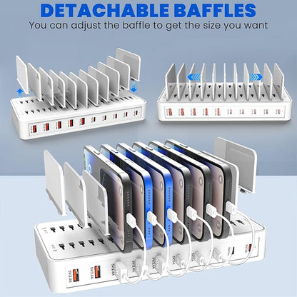 Charging Station for Multiple Devices, 100W 10 Ports Flat Plug Charging Dock with 10 Cables Smart IC Tech and Adjustable Dividers Type-C，Multi USB Charger for iPhone Galaxy iPad Tablet，White