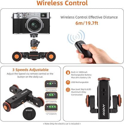 Andoer Video Camera Dolly with Ballhead & Phone Holder, 3-Speed Motorized Auto Track Dolly Car with Remote Control - Compatible with iPhone, DSLR, Camcorder, Gopro, Insta, Android Smartphone