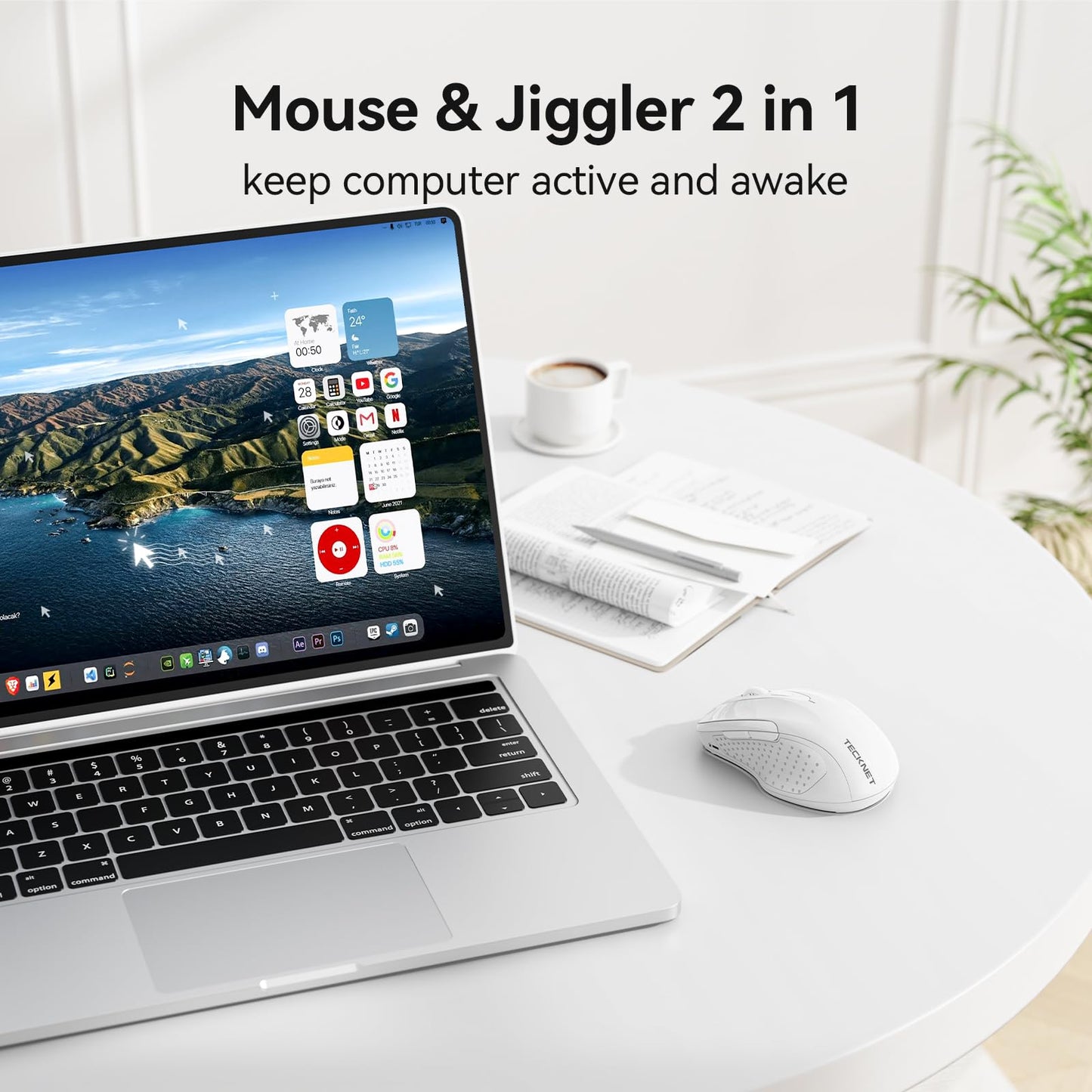 TECKNET Rechargeable Jiggler Wireless Mouse, Dual-Mode Connectivity, White