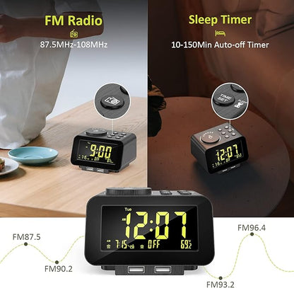 uscce Alarm Clock Radio for Bedroom - 0-100% Dimmer, 2 USB Chargers, Dual Alarm with Weekday/Weekend Mode, FM Radio w/Auto-Off Timer, Battery Backup, Loud Alarm Clock for Heavy Sleeper(Wood Grain)