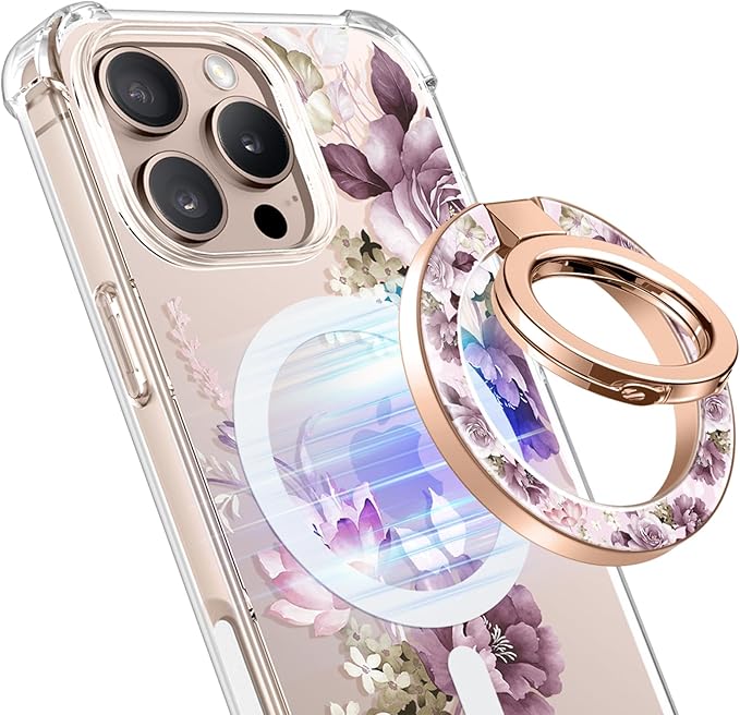 GVIEWIN Magnetic Phone Ring Holder, Compatible with MagSafe Phone Grip with Adjustable Stand, Magnet Phone Ring Kickstand for iPhone 16 Pro Max/Plus/15/14/13/12 Series/Other Phones (Cherry Blossoms)