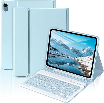 MMK iPad A16 Case (2025, 11"), iPad 10th Generation Case with Keyboard (2022, 10.9"), Wireless Detachable Keyboard, Pencil Holder (Blue)