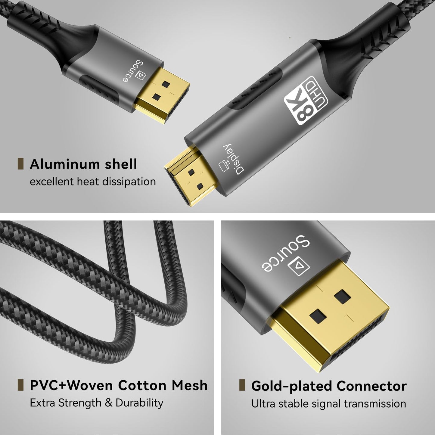 FDBRO 8K DisplayPort to HDMI Cable Uni-Directional Braided Cord-2M (6.6FT)