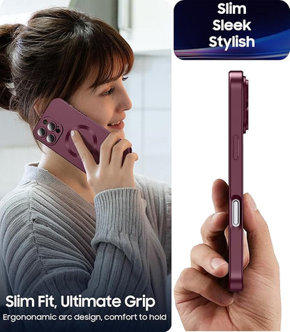 Magnetic for iPhone 16 Pro Max Case [Compatible with MagSafe][Built-in Camera Lens Protector] Slim Soft Silicone Bumper Shockproof Metallic Luster Phone Case (Burgundy)