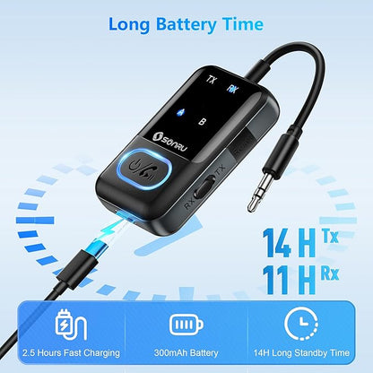 SONRU Bluetooth 5.3 Transmitter Adapter for Airplane 2-in-1 Wireless Bluetooth Audio Transmitter Receiver for 3.5mm Aux Jacks on Flight/TV/Gym Equipment, for up to 2 Wireless Headphones, Cell Phones