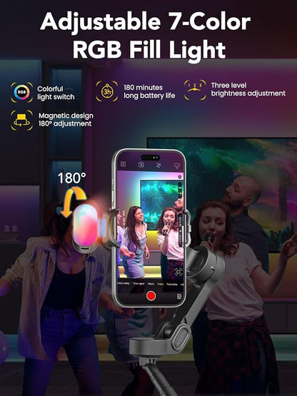 Smart X2 Smartphone Gimbal Stabilizer with 360°Rotation,OLED Display,Built-in 20cm Extension Rod Selfie Stick,Adjustable 7-Color RGB Fill Light, Ideal for Night Video Shoots,X2 KIT Black