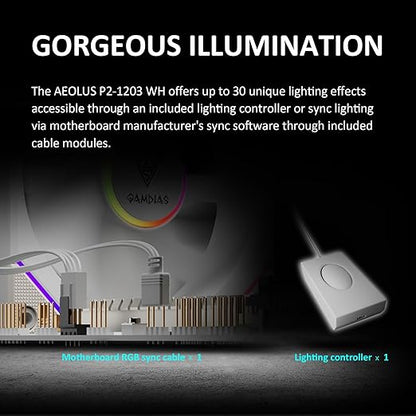 GAMDIAS AEOLUS P2-1203 120mm ARGB PWM Fan (3 Pack, no Hub), Include Reverse Fan Blade x3 & Controller, ARGB Sync, Easy Installation & Cabless Daisy-Chain Design, Silent Operation, Up to 2400RPM, White