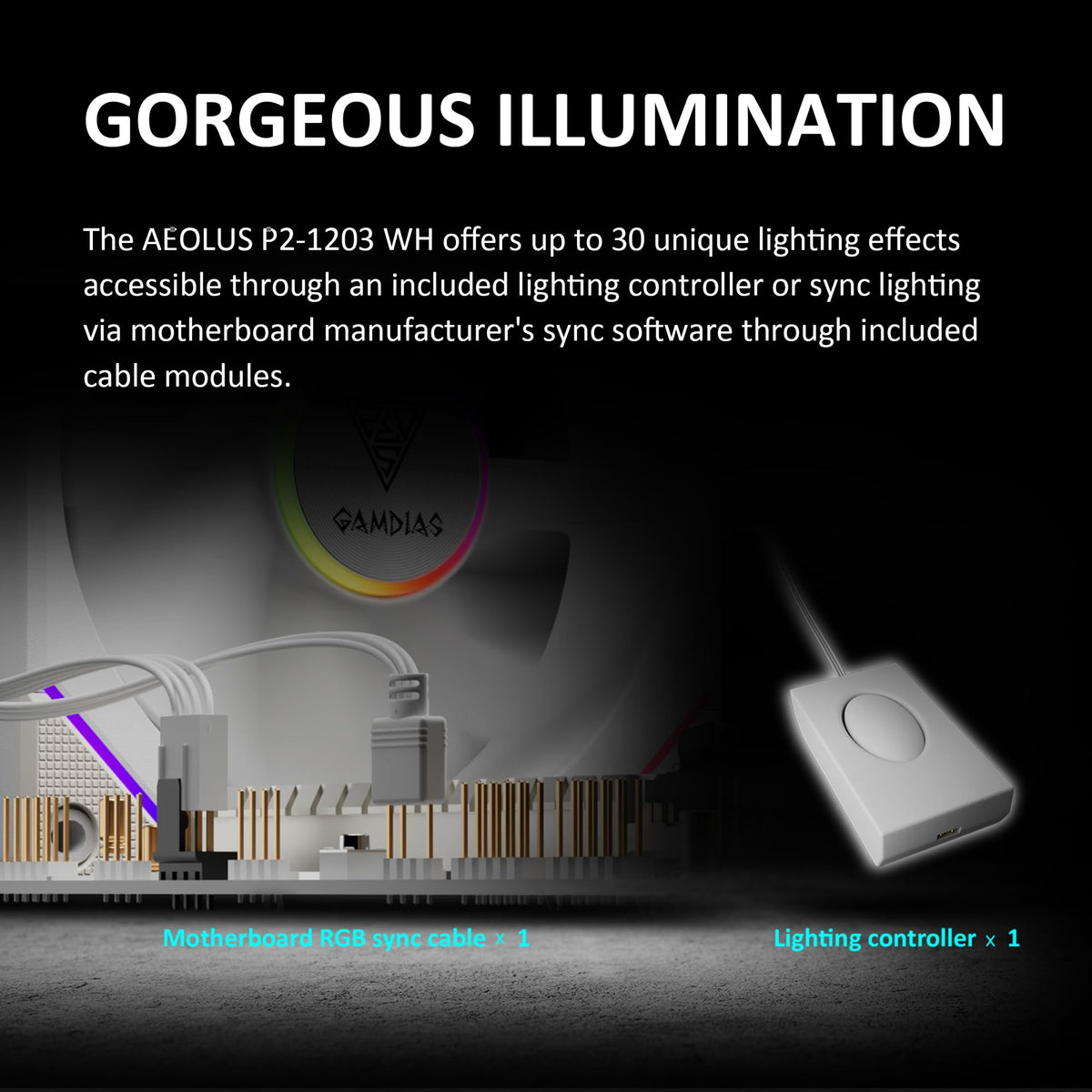 GAMDIAS Aeolus P2-1203U 120mm ARGB PWM Fan(3 Fan Pack w/USB Hub), Include Reverse Fan Blade x3, ARGB Sync Ready, Easy Installation & Cabless Daisy-Chain Design, Silent Operation, Up to 2400RPM, White