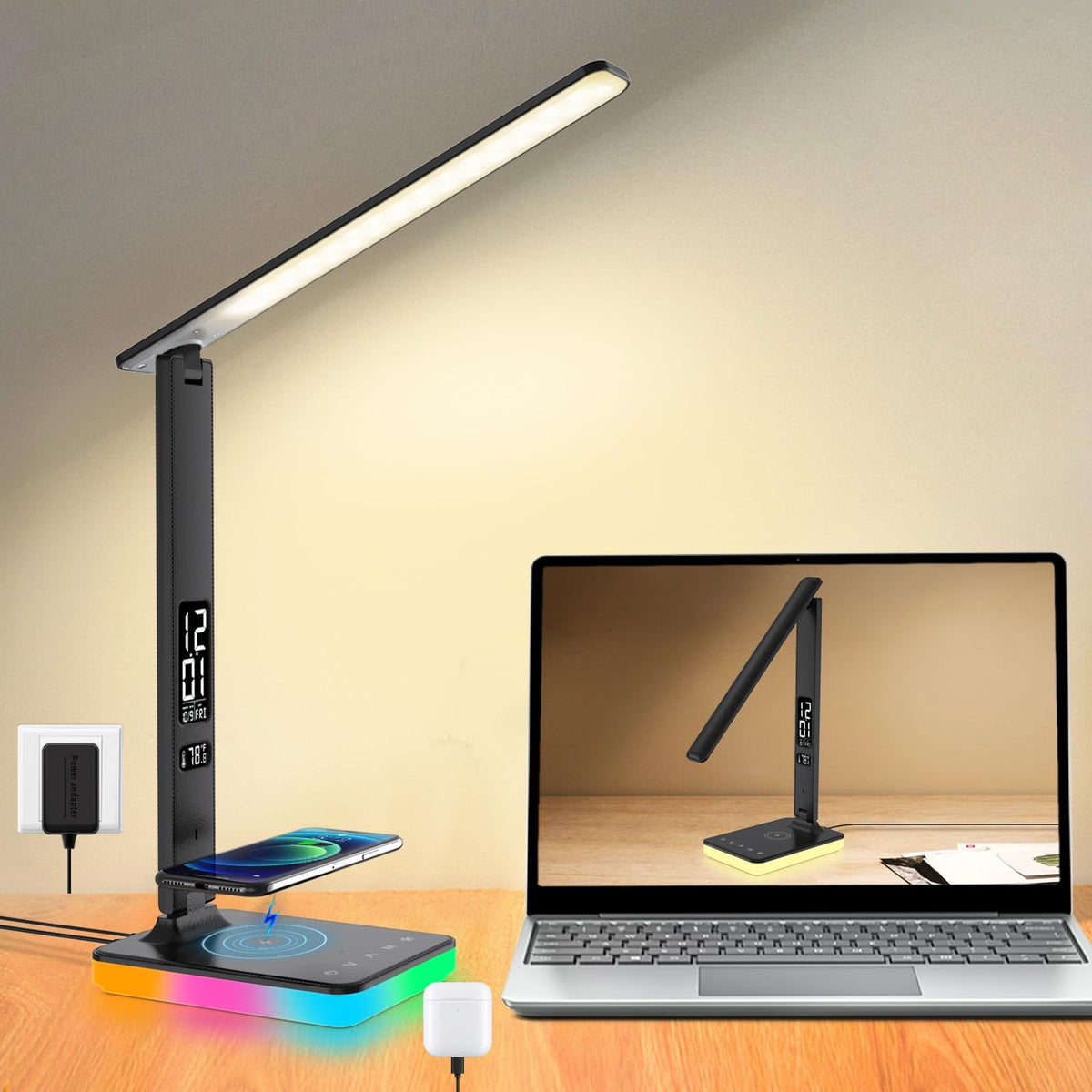 oviouit LED Desk Lamp with Charger, USB Charging Port, Dual Swing Arm Desk Light with 5 Brightness, 3 Colors, Table Lamp with Clock, Alarm, Date, Temperature, Desk Lamp for Home Office Study (Black)