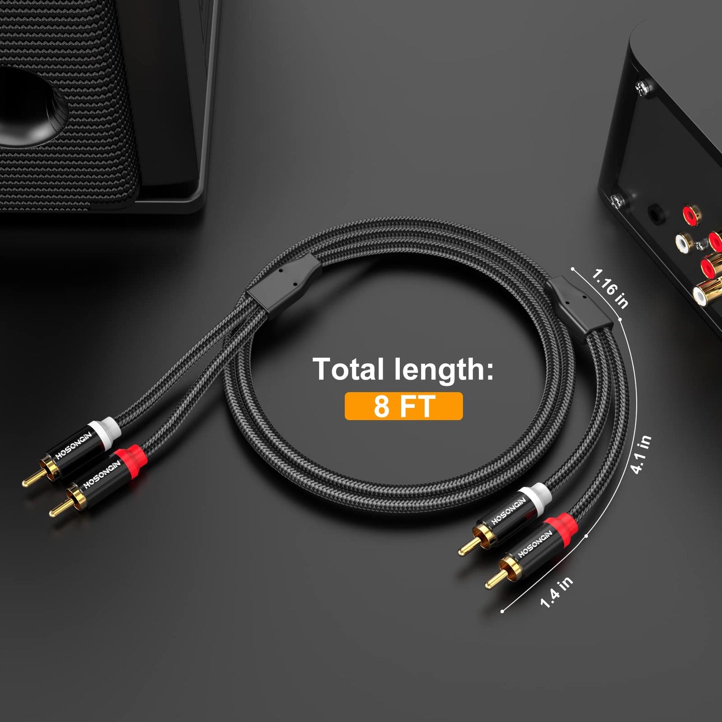 HOSONGIN RCA Cables 8FT 2 Pack[Hi-Fi Sound, Nylon Braided, Shielded], 2-Male to 2-Male RCA Audio Stereo Subwoofer Cable Auxiliary Cord for Home Theater, HDTV, Amplifiers, Hi-Fi Systems, Speakers