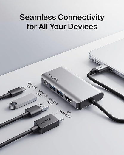 Belkin USB C Hub, 4-in-1 Multi-Port Laptop Dock with 4K HDMI, USB C Docking Station with 100 Watt Pass-Through Power Delivery, 2 X USB A Ports For MacBook Pro, Air, iPad Pro, Chromebook and More