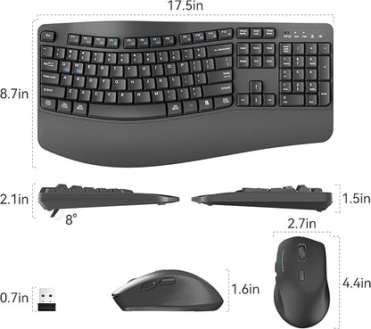 Wireless Keyboard and Mouse Combo,2.4G Full Size Wave Keys Ergonomic Keyboard with Wrist Rest for Natural Typing, 3 DPI Adjustable Ergonomic Silent Mouse for Computer/Laptop/Windows/Mac (Grey)