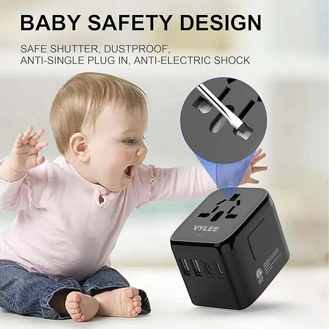 Universal International Power Travel Plug Adapter, 5 in 1 European Travel Plug Adapter W/ 3.5A 2xUSB-A and 2xUSB C Wall Charger and Worldwide AC Outlet for Europe USA UK AUS Asia
