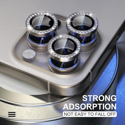 Choiche Compatible for iPhone 15 Pro/iPhone 15 Pro Max Camera Lens Protector Bling, 9H Tempered Glass Camera Cover Screen Protector Metal Ring Decoration Accessories (Diamond-Titanium Gray)