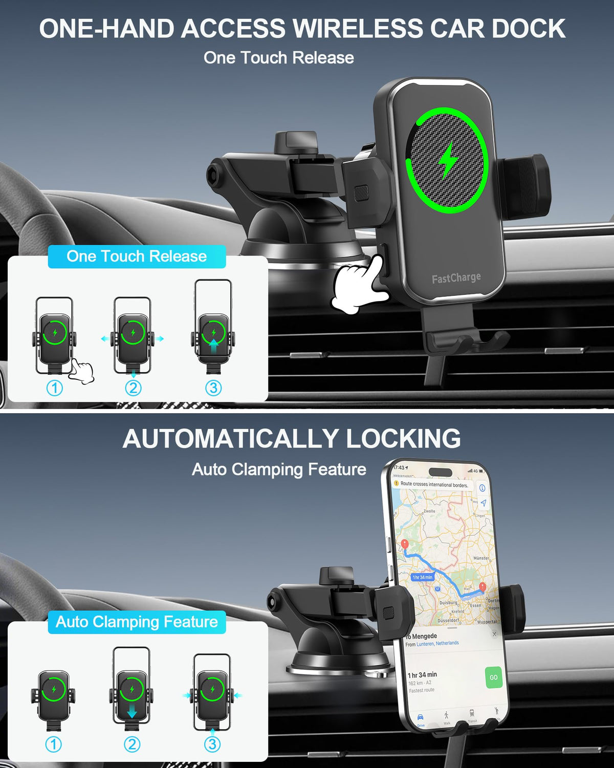 JUSAKA Wireless Car Charger,15W Fast Charging Auto Clamping Phone Holders for Your Car Compatible with iPhone 16/15/14/13, for Samsung Galaxy S24 Ultra S23 S22 S21, S20, S10+ (Black)