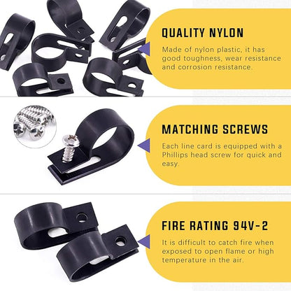 Swpeet 120 Pack White 3/4 Inch Nylon Plastic R-Type Cable Clips Clamp Kit, Nylon Screw Mounting Cord Fastener Clips with 120 Pack Screws for Wire Management (3/4 Inch, Black)